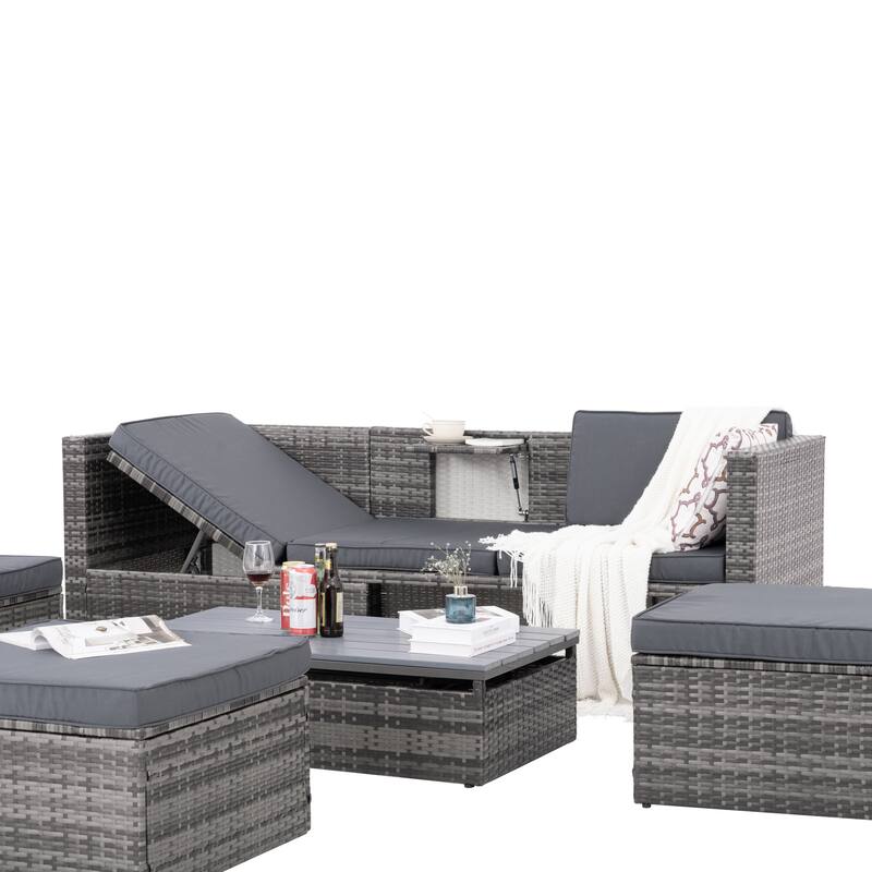 5 Set Outdoor Patio Conversation Set, Seasonal PE Wicker Furniture with lift TOP Coffee Table & Lounger Sofa