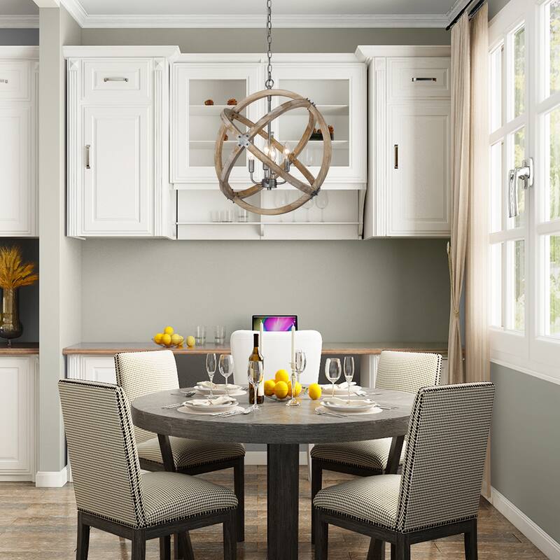 Modern Farmhouse Solid Wood Chandelier 4-Light Globe Kitchen Island Pendant - Real Wood - D20 " x H22.2"
