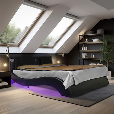 Black Leather Upholstered Queen Platform Bed with LED Lights, Bluetooth Music, and Massage Function