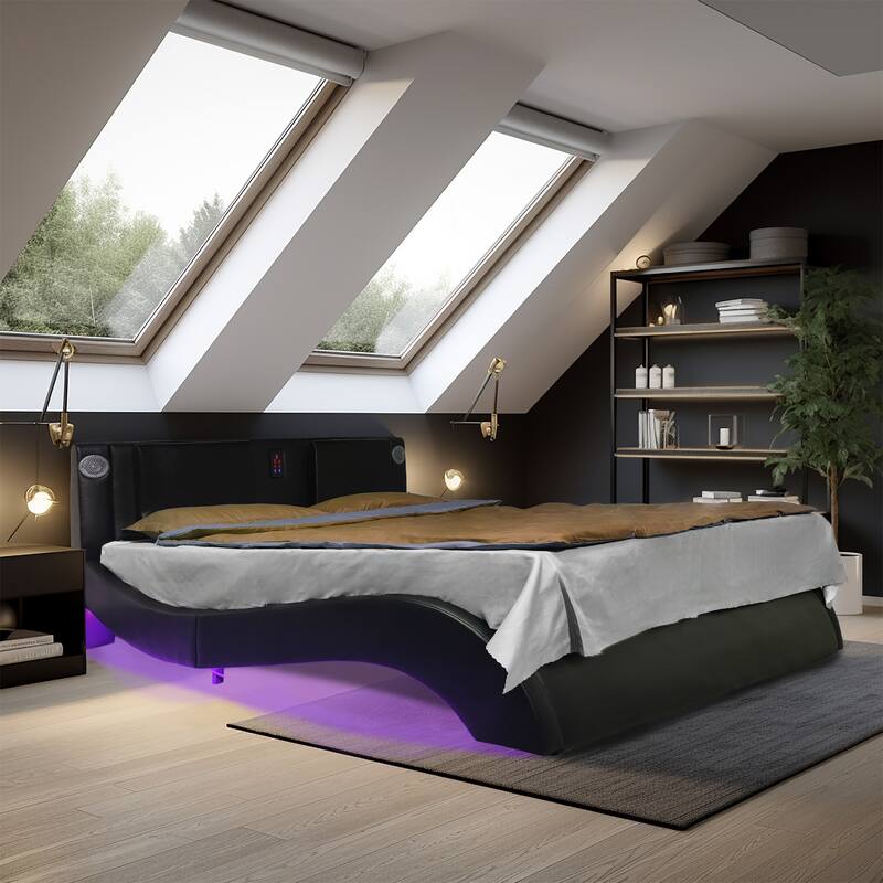 Faux Leather Upholstered Platform Bed Frame with led lighting