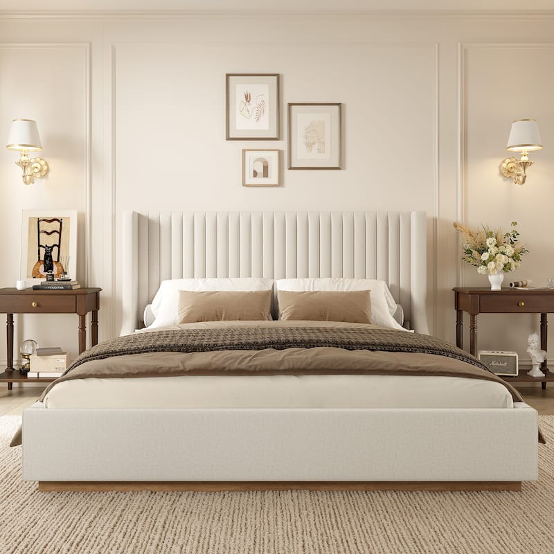 Wooden Upholstered Platform Bed with Padded Headboard-Queen/King Size