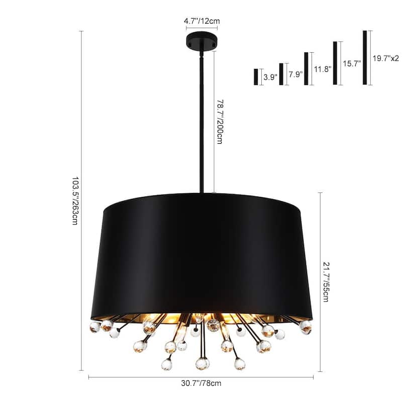 Statement Luxury Crystal Wide Black Fabric Drum Lantern Chandelier - 30.7 in