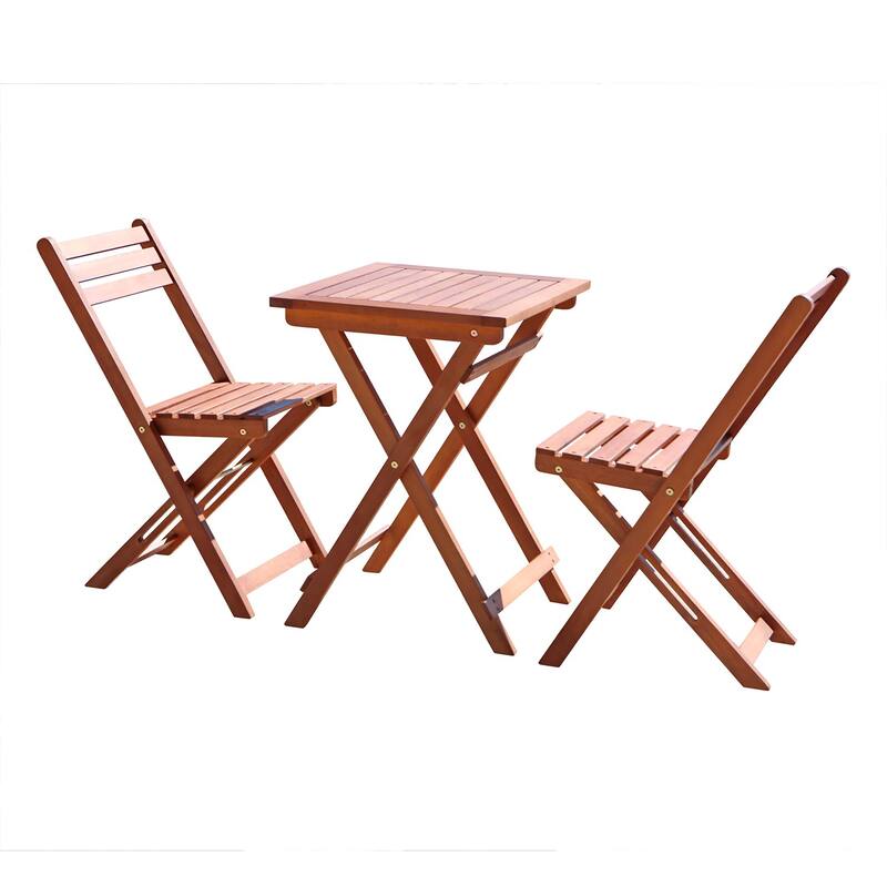 3 Piece Patio Folding Bistro Set Outdoor Eucalyptus Chair and Table Set for 2 People - Natural Wood