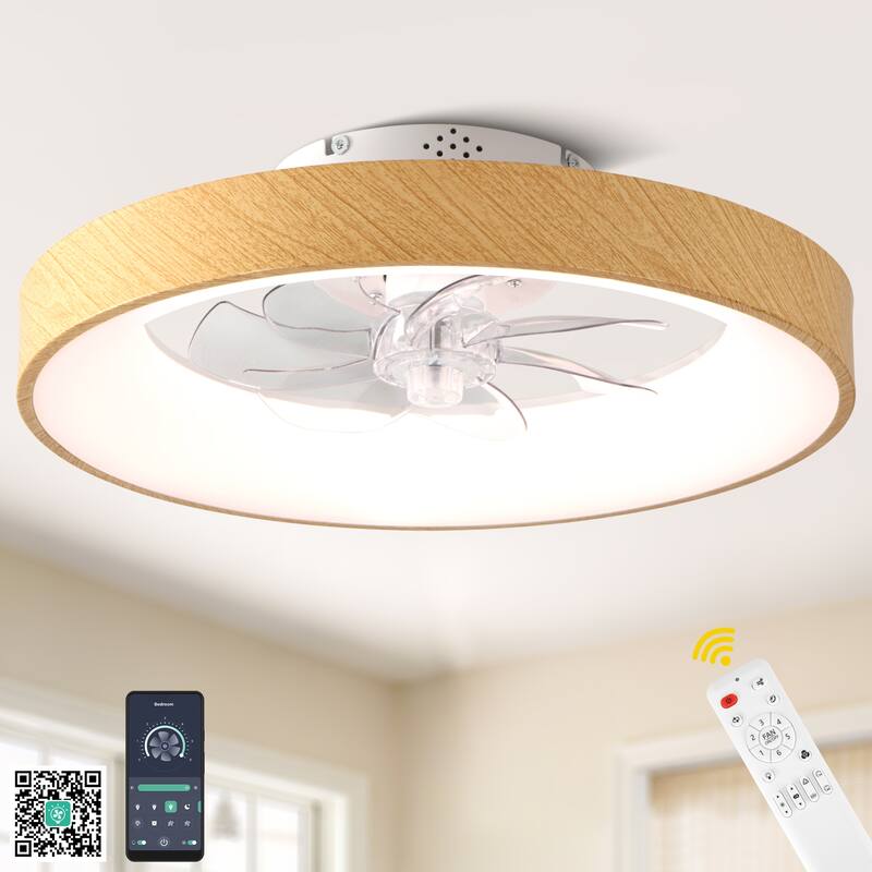 Bella Depot 20" Modern Wood-Look Flush Mount Ceiling Fan with Light and Remote Dimmable RGB Light - White