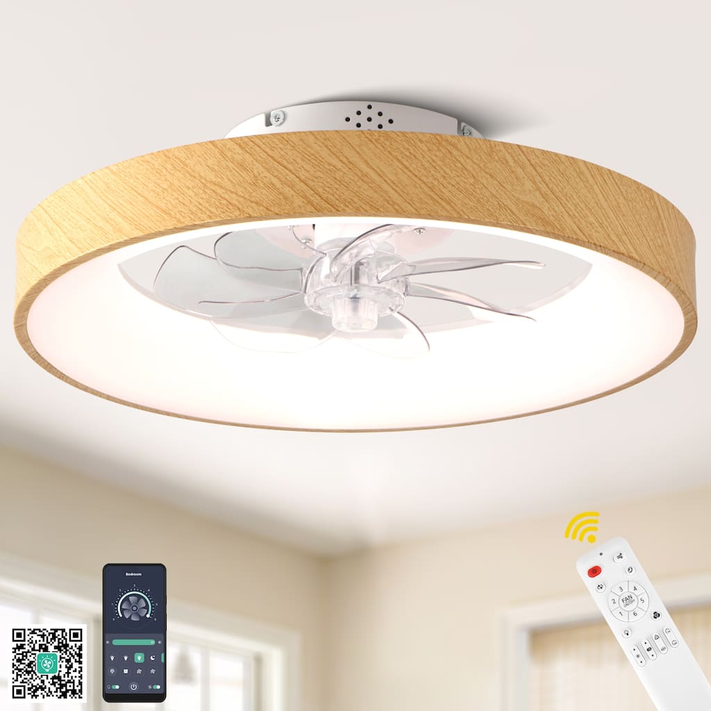 Bella Depot 20" Modern Wood-Look Flush Mount Ceiling Fan with Light and Remote Dimmable RGB Light