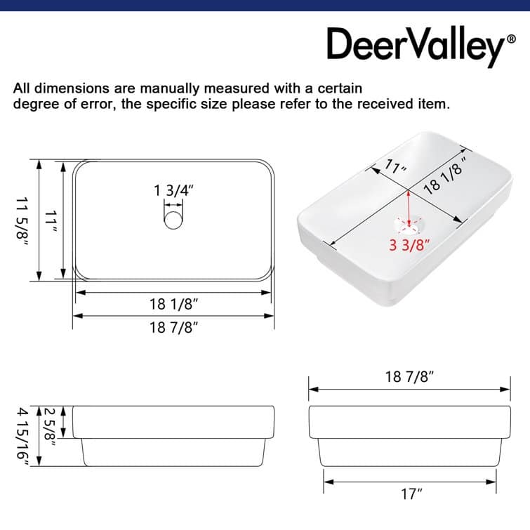 DeerValley Ally 12'' White Ceramic Rectangular Vessel Bathroom Sink