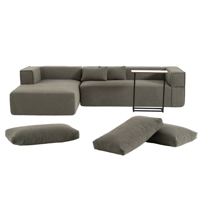 Modular Sectional Sofa with Side Table, Upholstered Cloud Sofa with L-Shaped Chaise Lounge, Full-Compressed Deep Seat Sofa