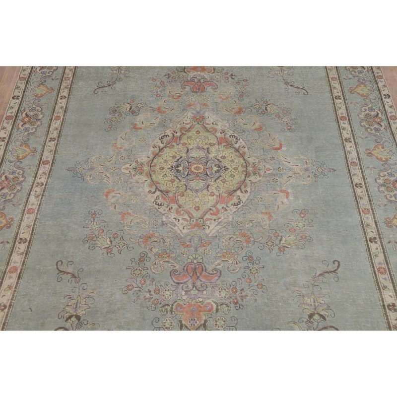 Light Blue Medallion Tabriz Persian Vintage Wool Carpet - 9'7" x 12'8"