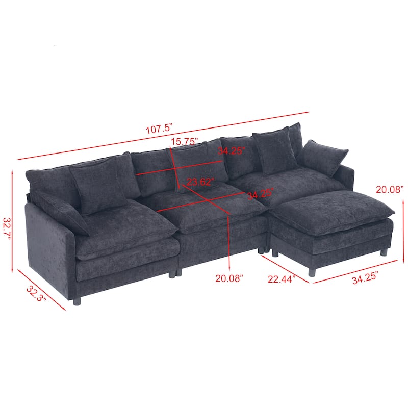 108" L-Shaped Sectional Sofa with Ottoman, 4-Seat Chenille Deep Seat Couch with Pillows, Modern Oversized Sofa for Living Room