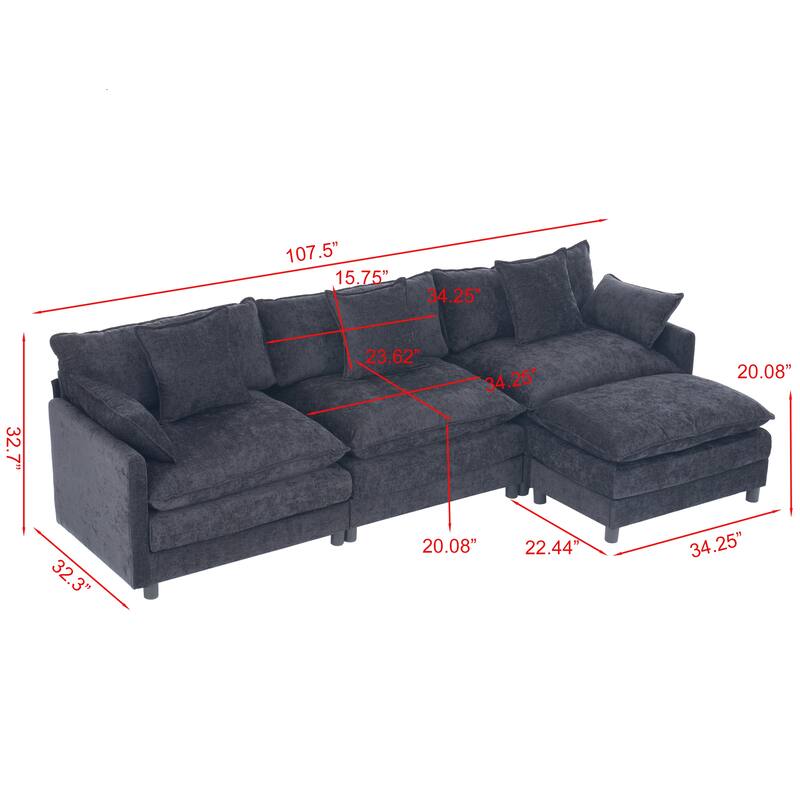 L Shaped Modular Sectional Sofa with Movable Ottoman, Chenille Upholstered Cloud Couch, Deep Seat Sofa with Pillow