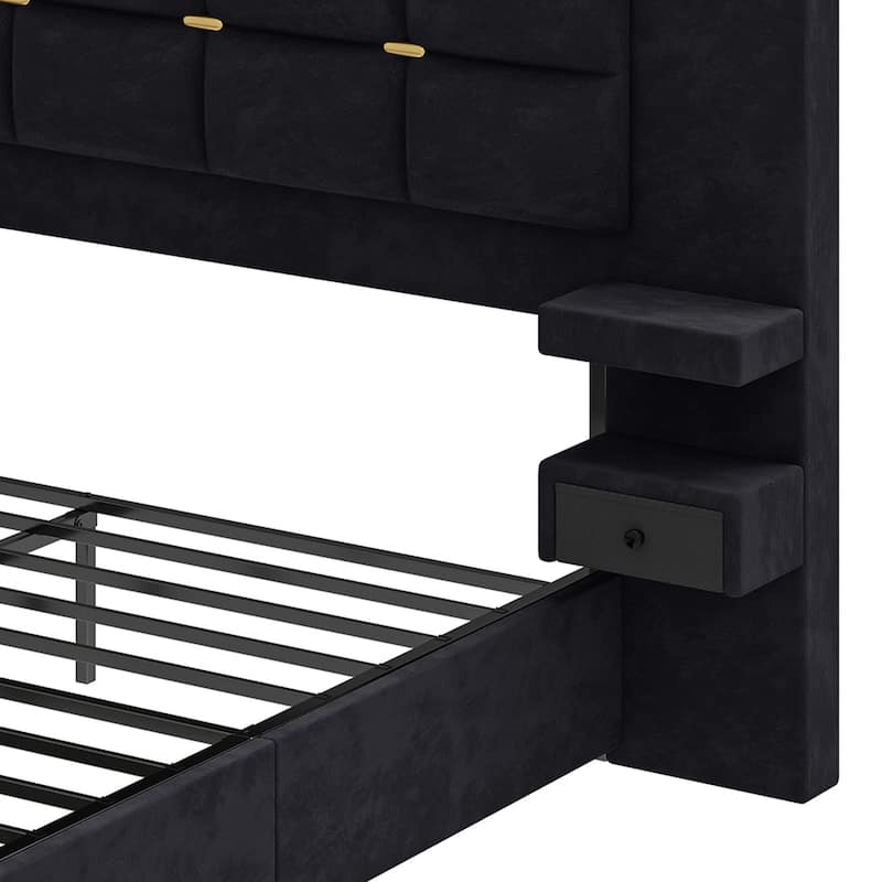 Queen Size Velvet Bed Frame with Upholstered Headboard LED Lighting and Built-in Charging Station for Modern Bedroom Luxury