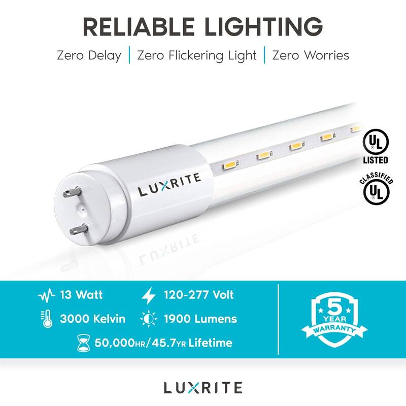 Luxrite 4FT T8 LED Tube Light, Ballast and Ballast Bypass Compatible, 13W=32W, Single-End or Double-End Powered (4 Pack)