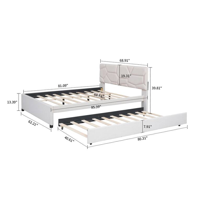 Modern Stylish Linen Fabric Upholstered Platform Bed with Trundle Bed