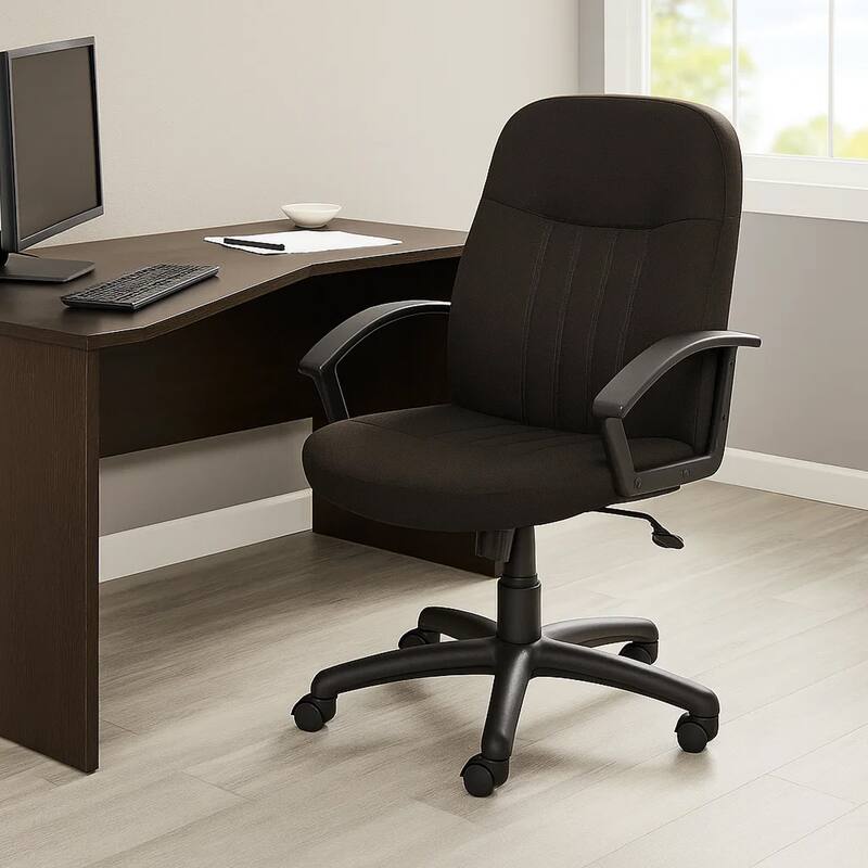 Hugh Mid-Back Manager Chair with Rolling Base, Black Crepe Fabric