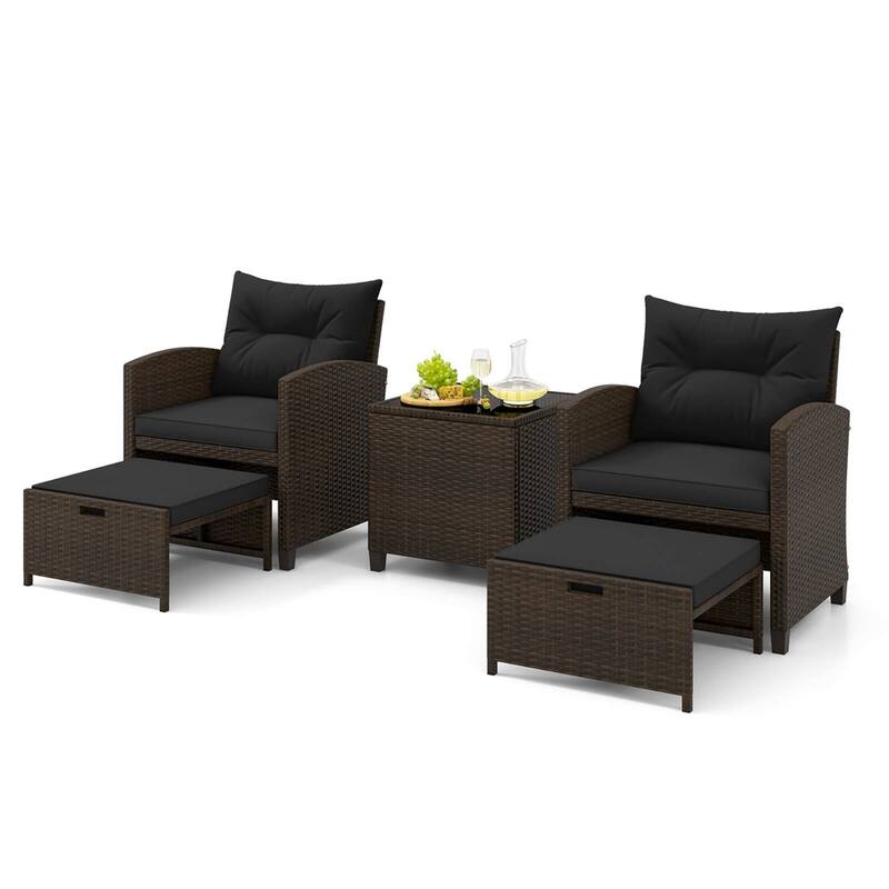5PCS Patio Furniture Set w/ Ottoman Wicker Conversation Set w/Cushions - Black