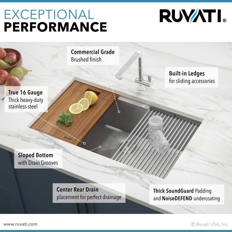 Ruvati 32-inch Workstation Ledge Undermount 16 Gauge Stainless Steel Kitchen Sink Single Bowl - RVH8300 - 30-1/2″ x 16″