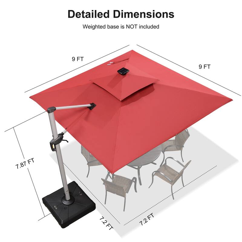 PURPLE LEAF 9 ft Double Top Solar Powered LED Square Patio Cantilever Umbrella with Base