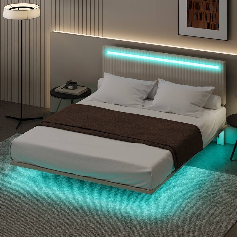 Modern Upholstered Floating Bed Frame with LED Lights, Vertical Channel Design Velvet Fabric Bed, Queen Size, Beige