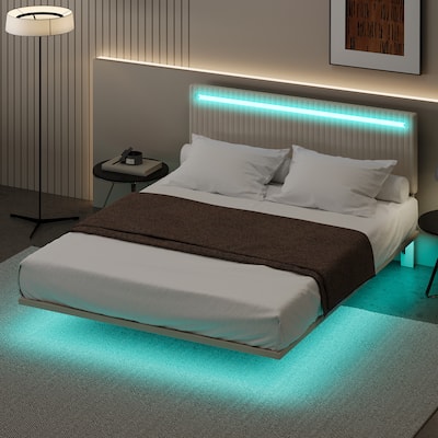 Modern Upholstered Floating Bed with LED Lights, Vertical Channel Design Velvet Fabric Bed Frame, No Box Spring Needed