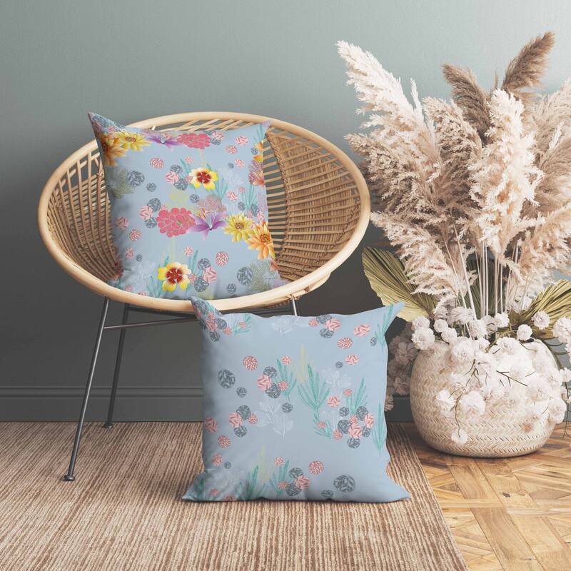 Colorful Flora Faux Suede Reversible Throw Pillow Blue and Multi
