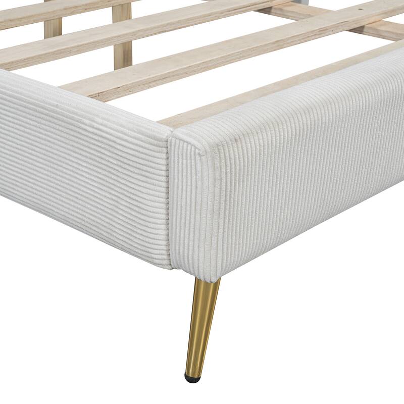 Queen Corduroy Platform Bed with Sturdy Metal Legs and Tufted Headboard, 10 Wooden Slats