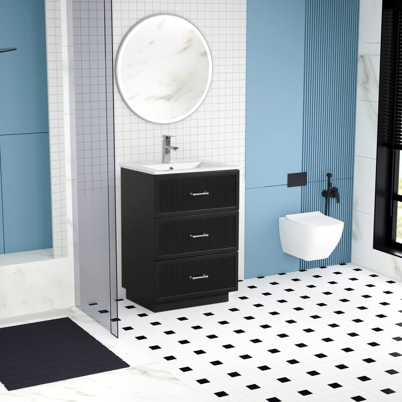 30" Freestanding Bathroom Vanity with Ceramic Sink and 2 Storage Drawers, Stylish Gray Floor Cabinet