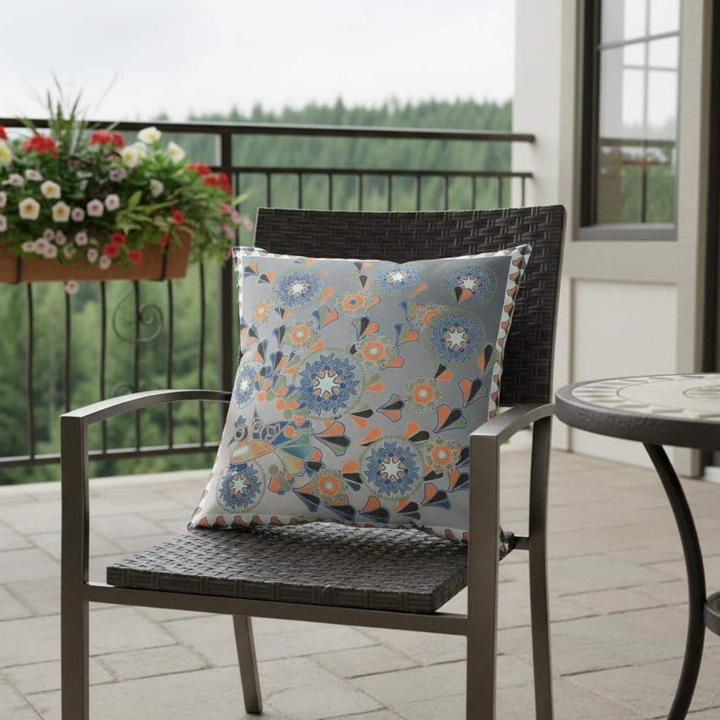 HomeRoots 18" x 18" Gray and White Peacock Blown Seam Floral Indoor Outdoor Throw Pillow - 18.00' X '5.00' X '18.00
