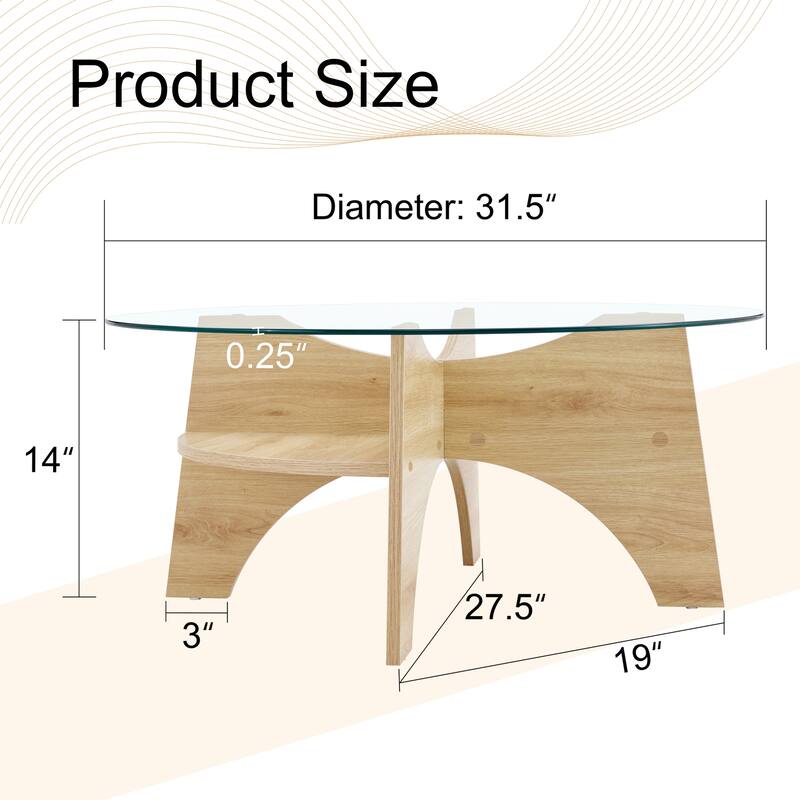 GDFStudio Marcellus Tempered Glass Coffee Table with Wood Legs and Fan-Shaped Pedestal Design