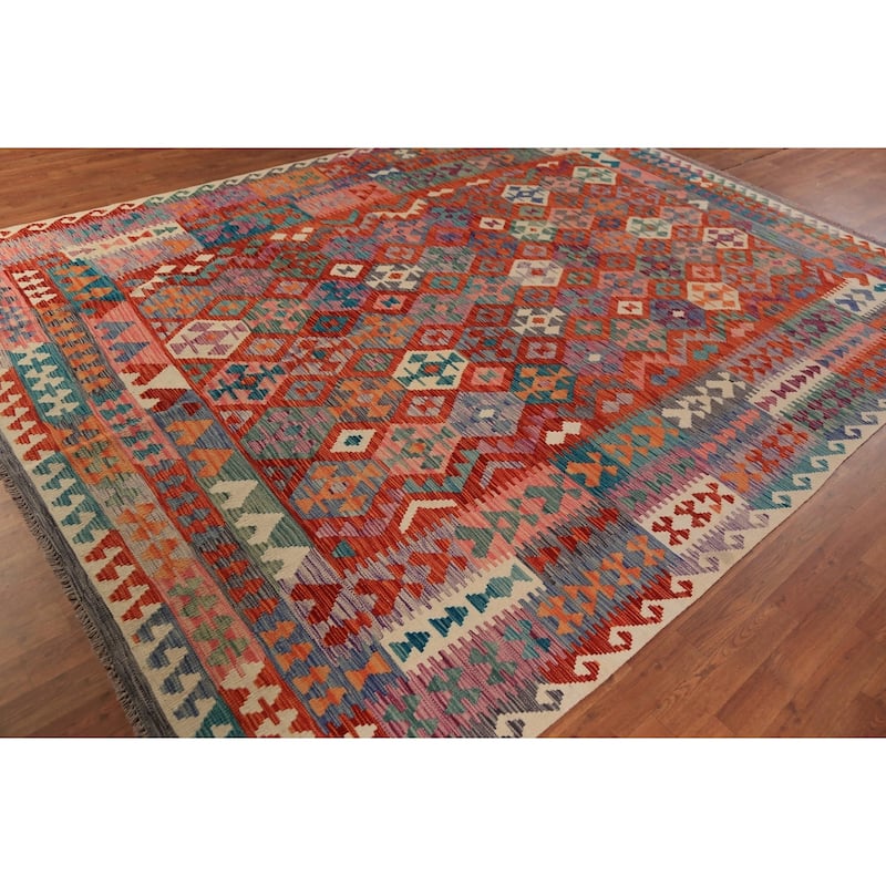 Geometric Kilim Reversible Area Rug Hand-Woven Wool Carpet - 8'1"x 11'2"