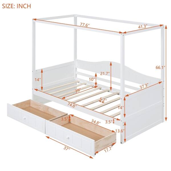 dimension image slide 1 of 2, Pine Wood Twin Size Canopy Day Bed Frame with 2 Drawers and Built-in Backrest, Modern Platform Bed Frame for Kids, Teens