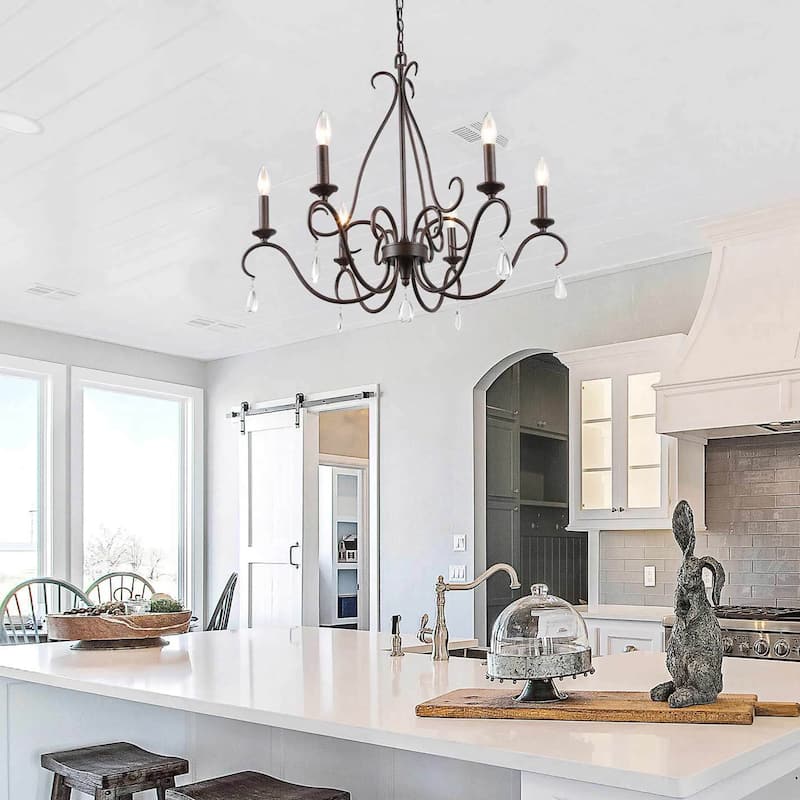 Modern Farmhouse 6-Light 28" Classic Candle Chandelier with Crystal Drop - D28" x H25.5"