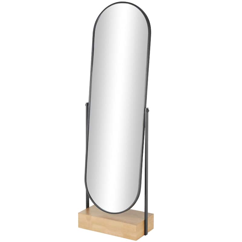 Black Wooden Oval Shaped Room Floor Mirror with Brown Wood Base