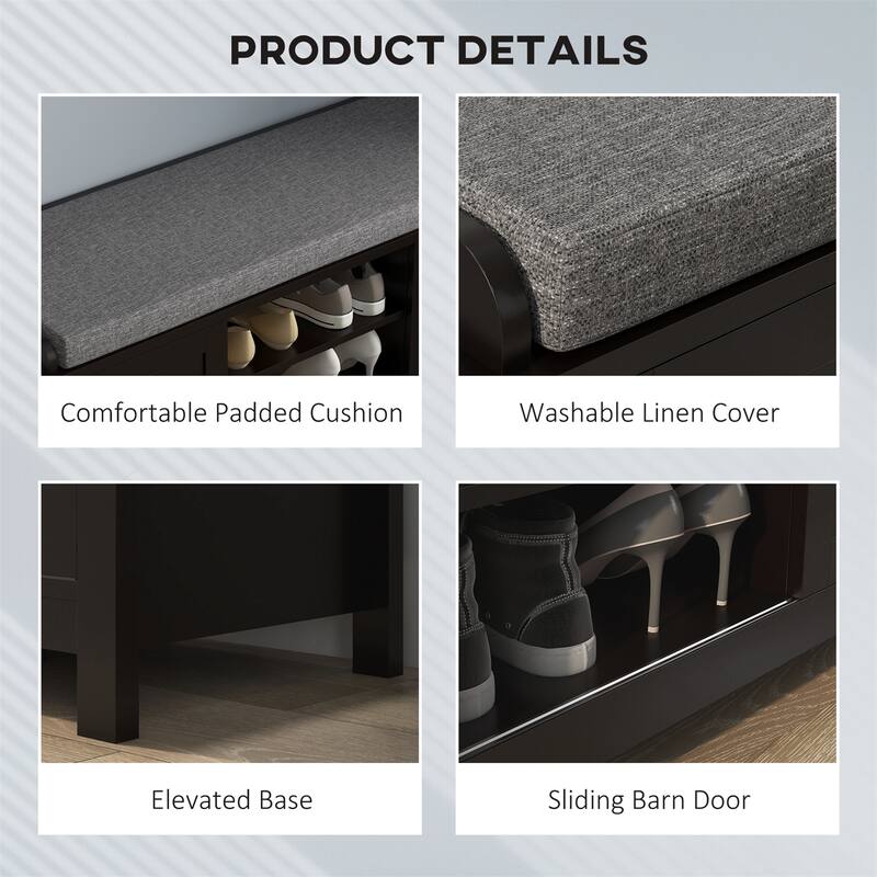 Entryway Shoe Bench with Sliding Doors, 6 Compartments, Padded Seat