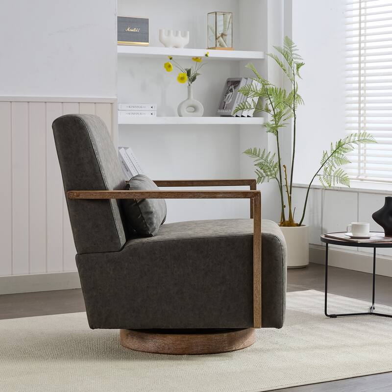 PU Leather Swivel Chair with Wood Armrests