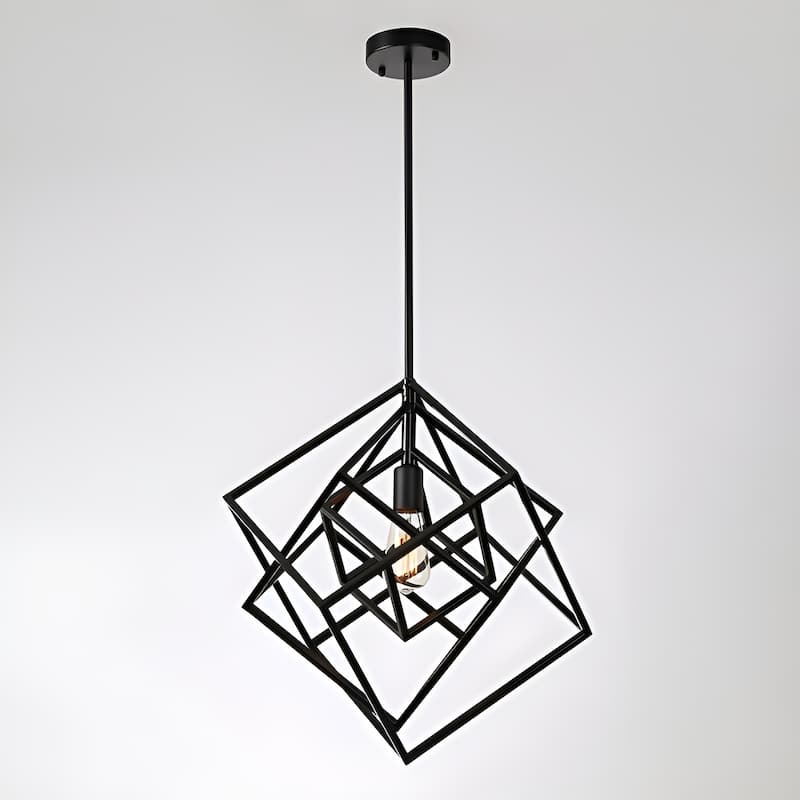 1 Light 20 inch Geometric Black Pendant Lamp Multifaceted Open Cage Frame
