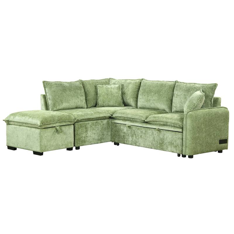 Convertible Sleeper Sofa Bed with Storage Ottoman, L-Shaped Sectional Sofa with 2 Pillows, 2 Power Sockets & 2 USB Ports