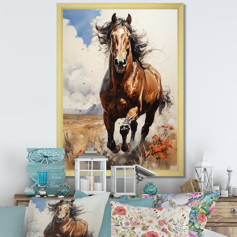 Designart "Brown Horse Galloping In The Wild" Horse Wall Decor Brown - Traditional Entryway Framed Wall Art - 30 in. wide x 40 in. high - Gold