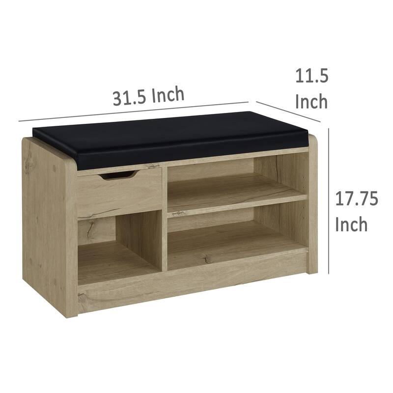 Aryn Storage Bench, Adjustable Shelf, Black Faux Leather, Oak Brown