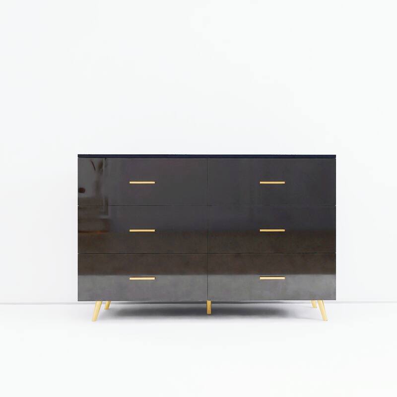 High Gloss 6-Drawer Chest with Golden Handles & Steel Legs, Large Modern Dresser with Anti-Tip Design for Bedroom, Black