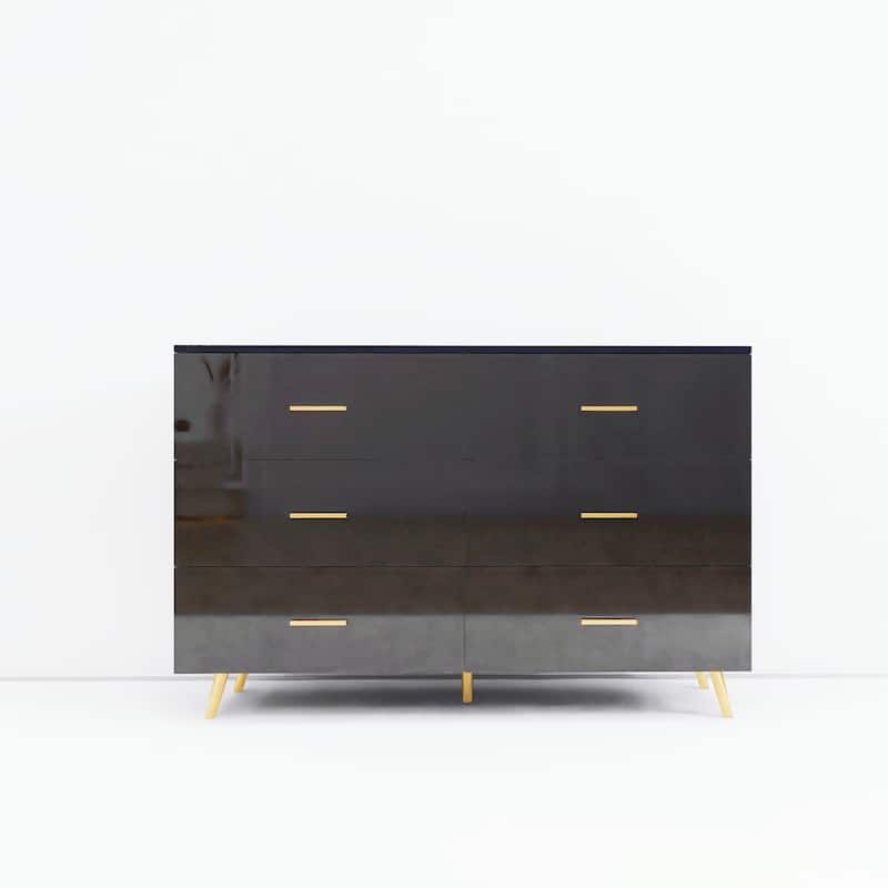 High Glossy Surface 6 Drawers Chest of Drawer with Golden Handle and Golden Steel Legs White Color Vanity