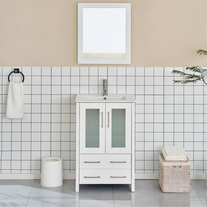 Vanity Art 24-Inch Single Sink Bathroom Vanity Set 2 Drawers, 1 Cabinet, 1 Shelf, Soft-Closing Doors with Free Mirror - White