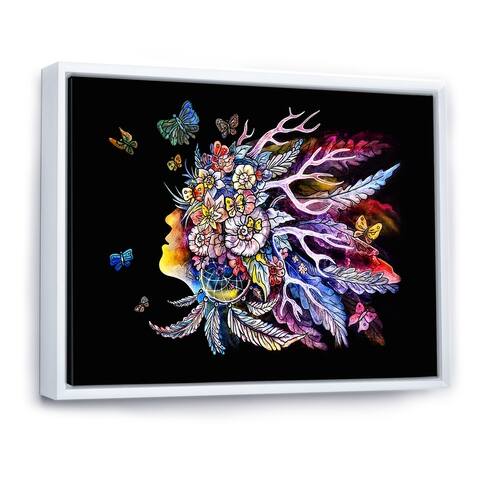 Designart 'Spirit Shamanism Colourful Portrait With Feathers' Bohemian & Eclectic Framed Canvas Wall Art Print