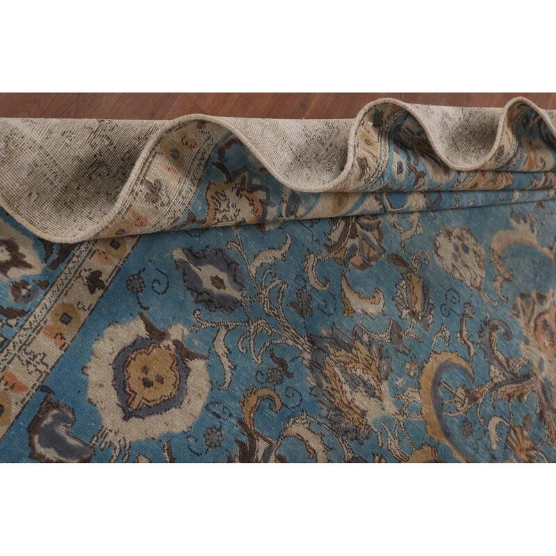 Light Blue Distressed Tabriz Persian Antique Rug Handmade Wool Carpet - 10'2" x 13'2"