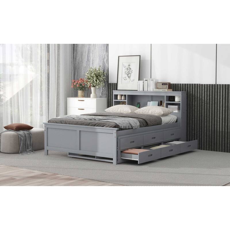 Full Size Platform Bed with Storage Headboard, USB, Twin Trundle, and 3 Drawers in Gray