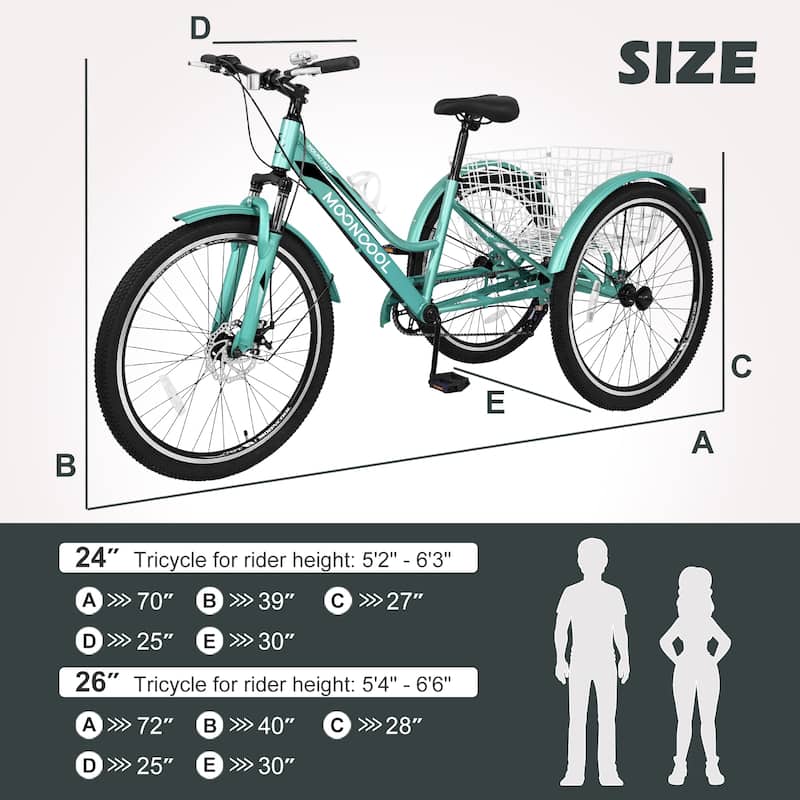 DoCred Mountain Tricycle 7 Speed 3 Wheel Bike with Basket