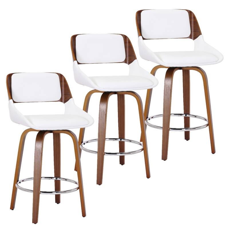 Mid-Century Faux Leather and Wood 26" Counter Stool with Swivel, Set of 3