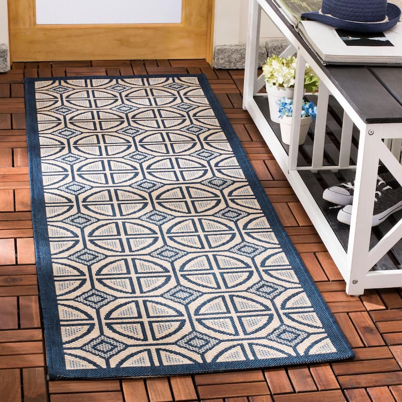 SAFAVIEH Courtyard Fatmire Indoor/ Outdoor Waterproof Patio Backyard Rug - 2'3" x 6'7" Runner - Beige/Navy
