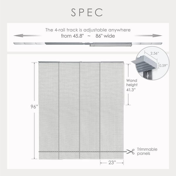 dimension image slide 11 of 13, GoDear Design 99.99% Blackout & Sheer Natural Woven Adjustable Sliding Panel Track Blinds, Vertical Blinds, 45.8"- 86" W x 96" L