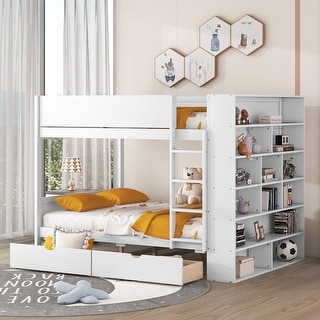 Maximized Storage Space Wood Bunk Bed With 2 Drawers and Multi-layer Cabinet, Health and Comfort, White