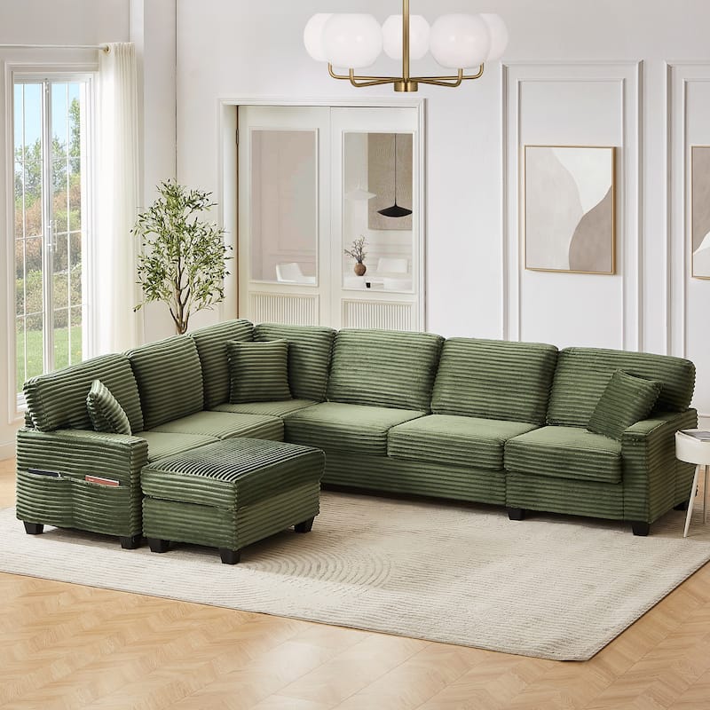 Sectional Sofa U-shaped Sectional 125.2" Upholstered L-shaped Sofa with a Movable Ottoman and Side Storage Pockets